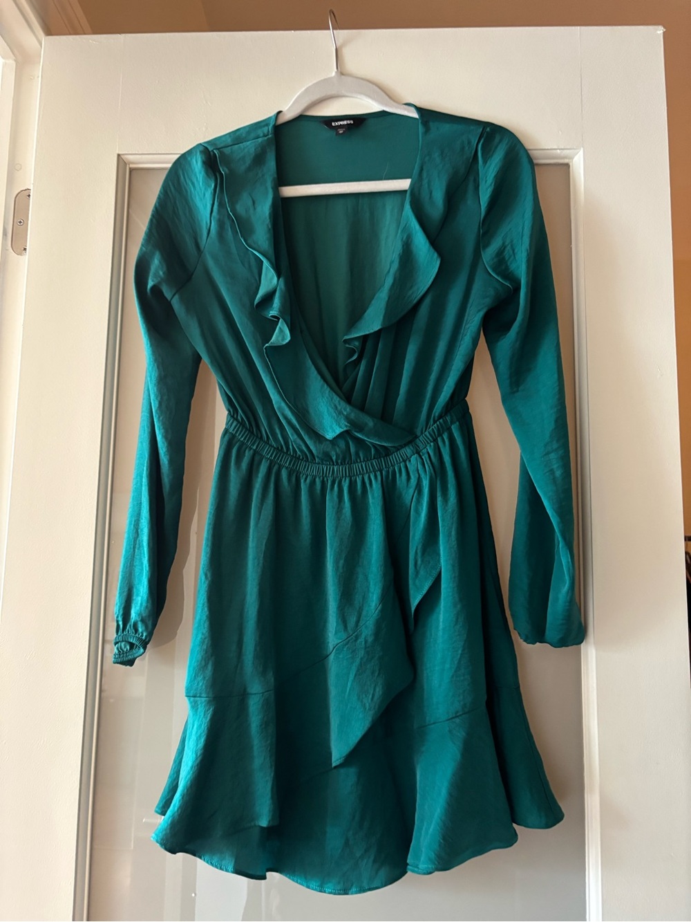 Express Teal Ruffle Wrap-Front Long Sleeve Dress